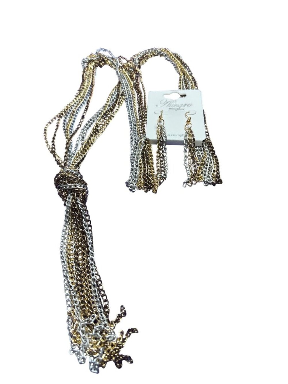 Allegro Multi Strand 3 Tone Metal Chain Set Knotted Necklace 32" 5.5" Tassel